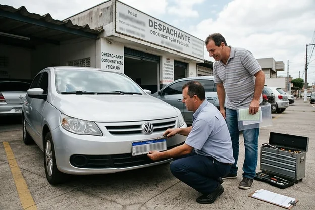 Profissional auxiliando no emplacamento de veículo em Itu.