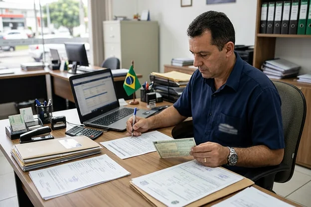 Profissional revisando documentos de transferência de veículo em Itu.